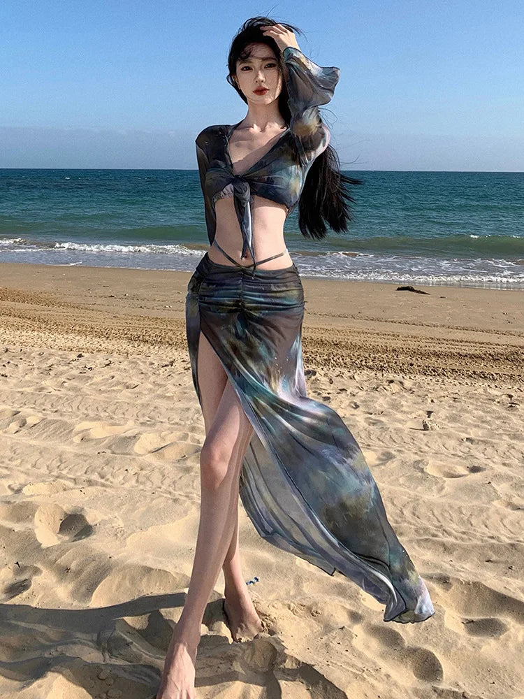 Korean Swimsuit 2025 Women Sexy Black Tie Dye Long Sleeve Cover UpLong Skirt 4 Piece Bikini Set Bathing Suit Vacation Swimwear