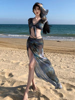 Korean Swimsuit 2025 Women Sexy Black Tie Dye Long Sleeve Cover UpLong Skirt 4 Piece Bikini Set Bathing Suit Vacation Swimwear