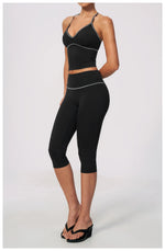 Summer Color Blocking Yoga Suit Women Tracksuit Hanging Neck V Neck Slim Sports Vest Tight Hip Lifting Capri Pants Fitness Sets