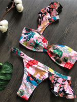 Flower Printed One Shoulder Bikini Women Swimwear Female Swimsuit Frilled Bather Bathing Suit Swim Two-pieces Bikini set K8049