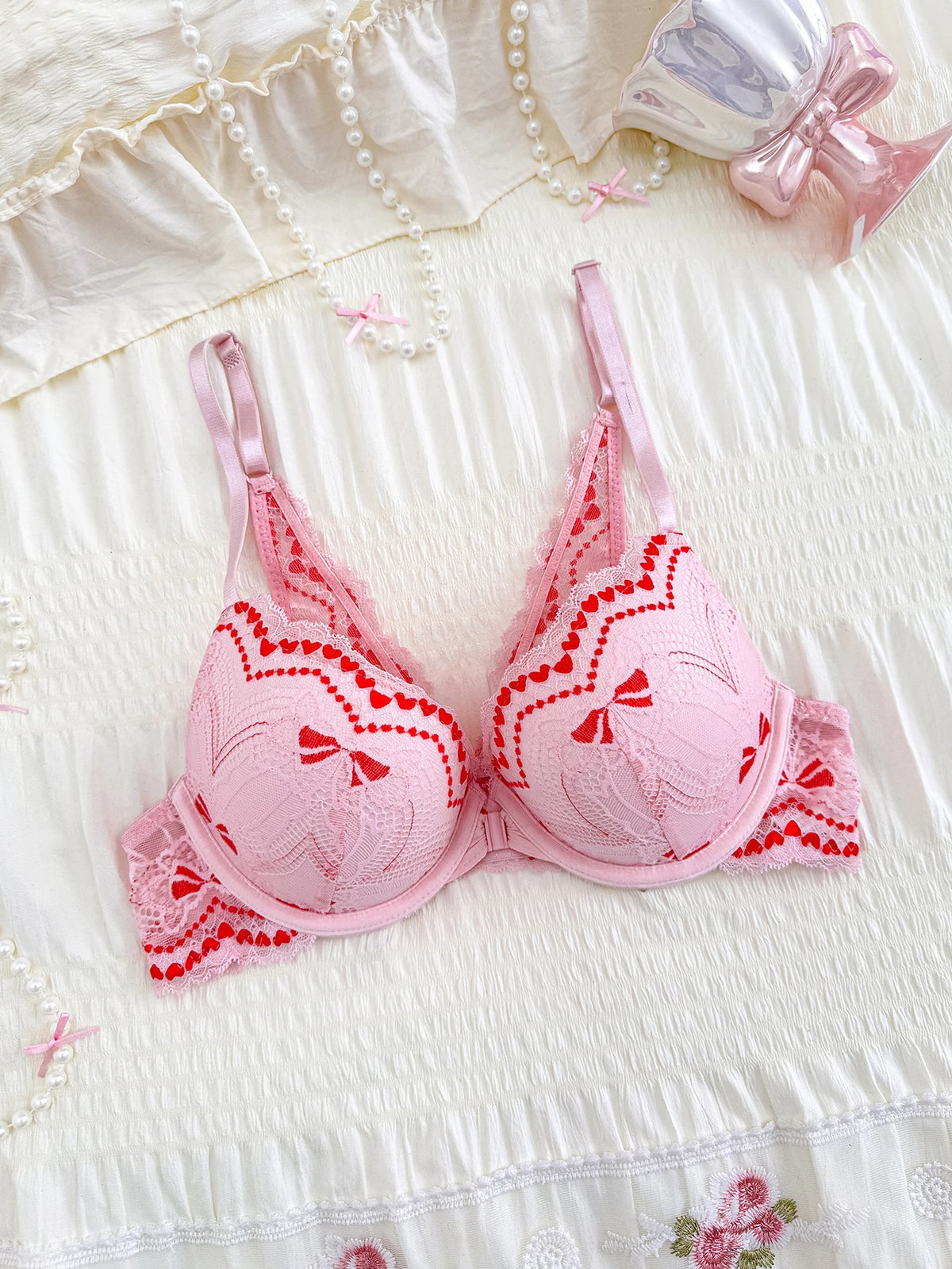 Sweet Pink Lace Bra For Women Front Closure Heart Pattern Underwire Push Up Sexy Ladies Brassiere