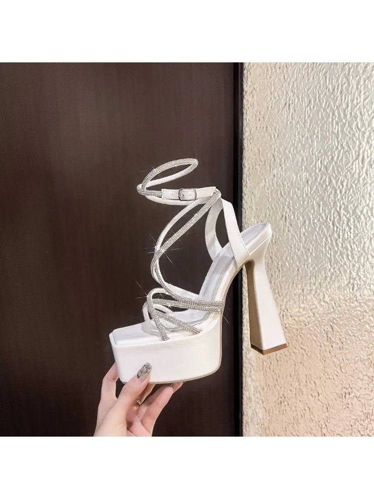 15CM Sexy Party Women's Pumps Summer Sandals Thick High Heel Platform Fish Mouth Shoes Black White Sandalias De Mujer