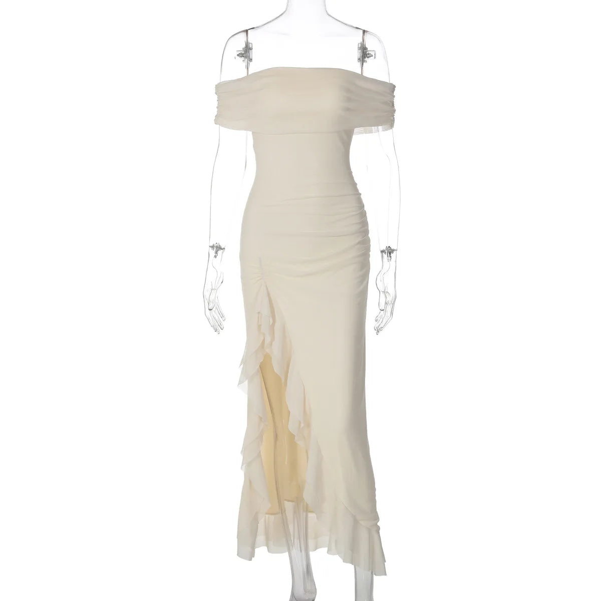 FDYOUI Elegant Slash Neck Ruffles High Slit Long Party Dresses for Women 2026 Summer Sleeveless Bodycon Evening Dress Lady Gowns