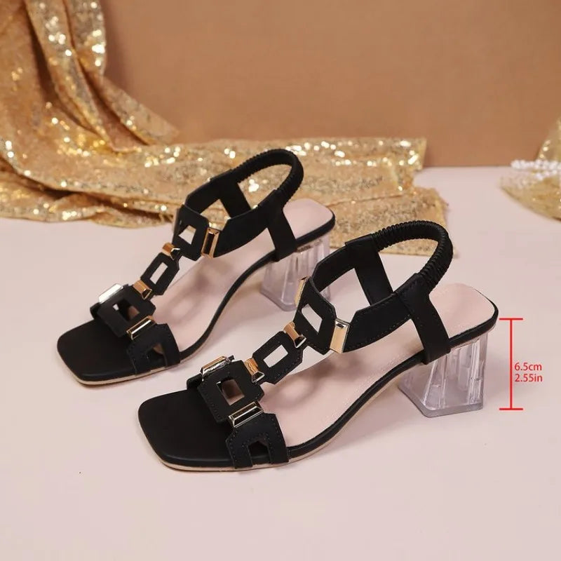 Sexy High Heel Sandals Fashion Rivets Transparent Thick High Heeled Women's Shoes Fashion Elastic Strap Roman Style Sandales