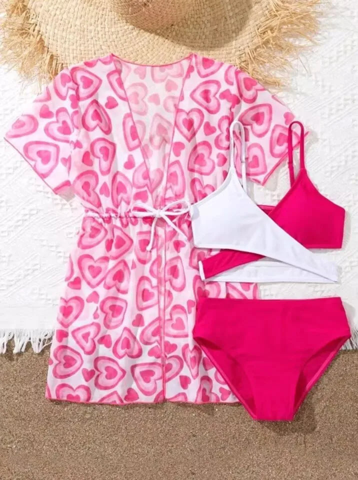 Girls 3pack Heart Print Cross Wrap High Waist Bikini Kids Swimsuit&Kimono 7-12 Years Children's Swimwear 2024 Teens Bathing Suit