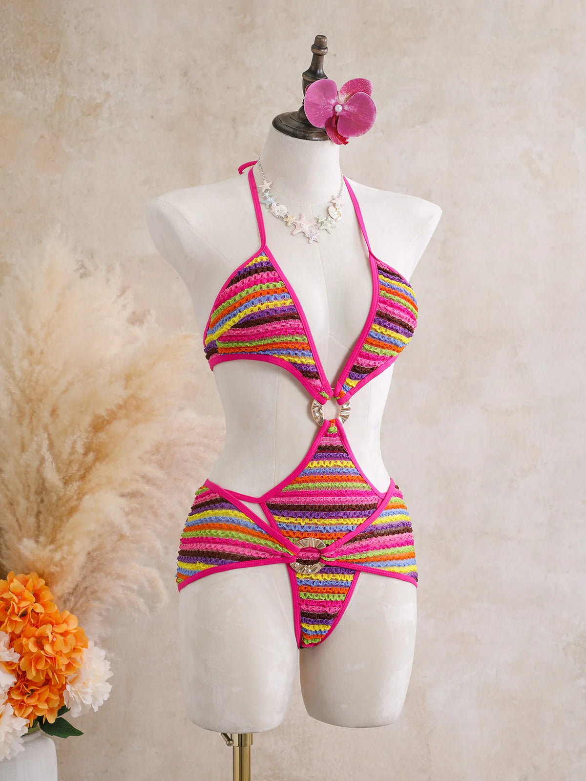Sexy Black Stripe Knitted One Piece Swimwear Skirts Sets 2026 Women Metal Circle Hollow Out Backless Bathing Suit Thong Swimsuit