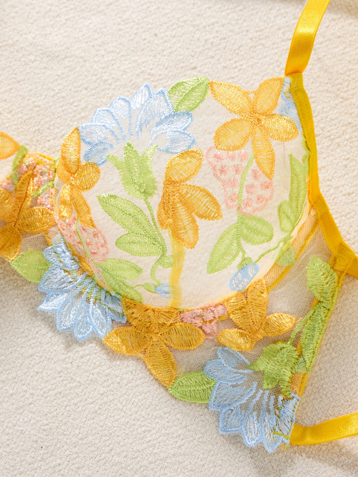 Women Yellow Floral Embroidery Lingerie Set Bow Tie Side Sheer Mesh Bra And Thong 2‑Pieces Intimate Underwear ZA825291