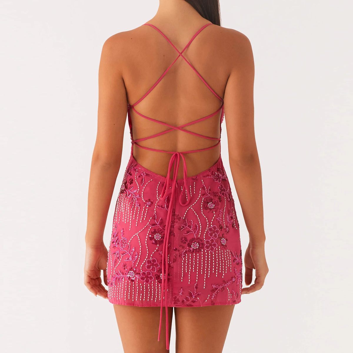 Women Sexy Beaded Sequins Flower Embroidery Sleeveless Cami Dress Summer Cross Backless Spaghetti Strap Mini Dresses