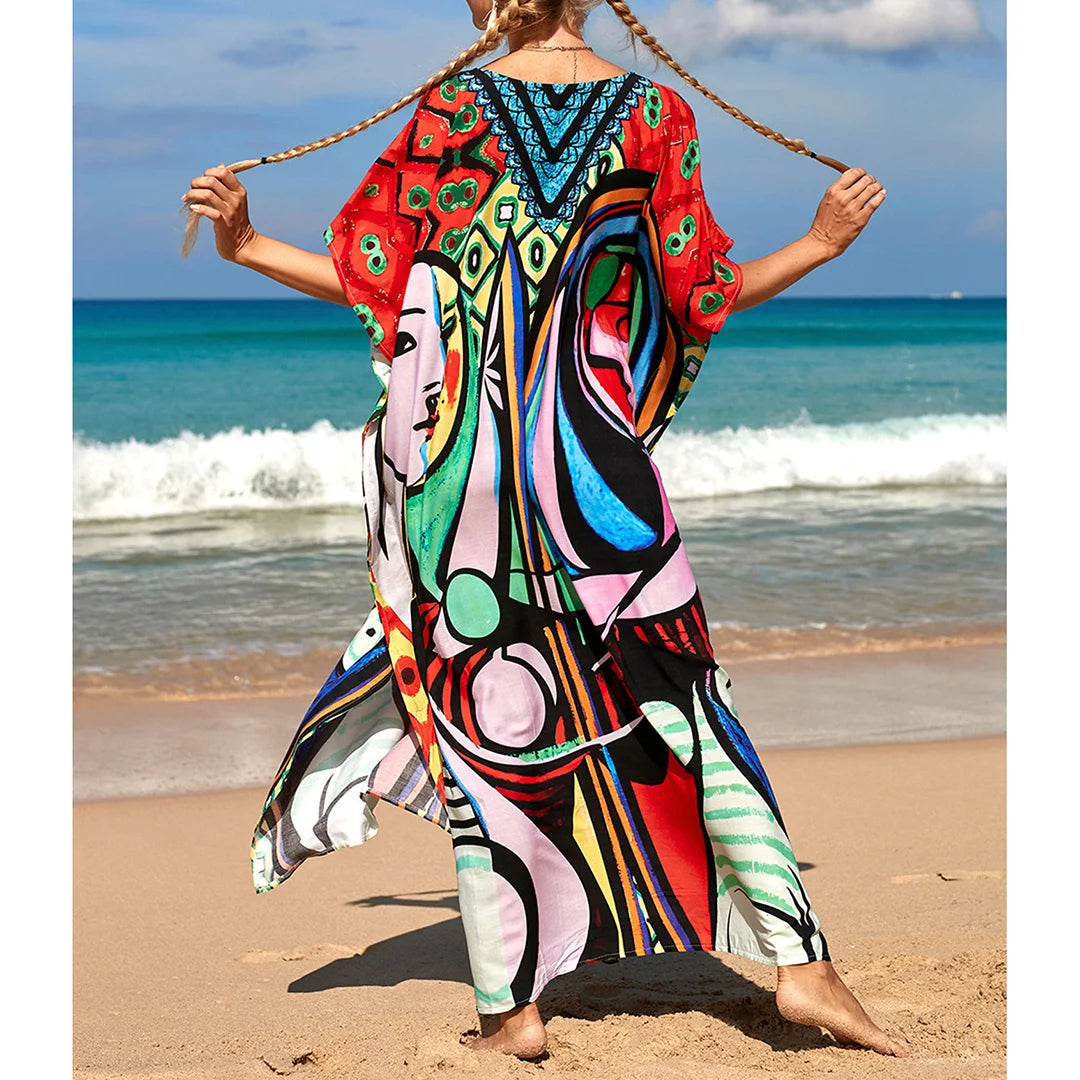 2026 New Colorful Kaftan Tunic Beach Dress Beach Wear Beachwear Beach Cover Up Cover-upsLoose Maxi Dress Female Women V4428
