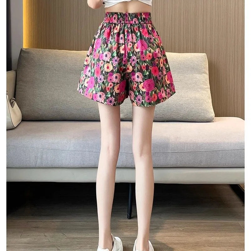 Summer Oil Painting Floral Shorts for Women Casual Wide Leg Shorts Large Siz Loose Floral Print Shorts Elastic Band Casual Pants