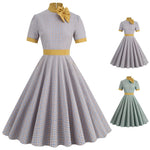 Retro Women's Plaid Dress Stand Neck Short Sleeve Cotton Dresses Lace Up Bow Tie Pleated Swing Vestidos Vintage Court Dresses