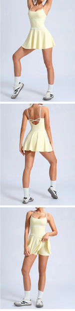 Summer Color Blocking Tennis Dresses Women Thin Shoulder Strap Slim Workout Golf Skirts Outwear Gym Running Pleate Dress