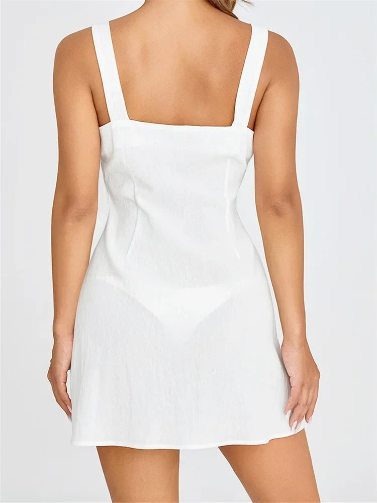 Women Short Dress Sleeveless Square Neck Buttoned Mini Dresses Summer Beach Casual Sundress