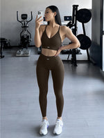 Halter Neck Yoga 2Pcs Set Women Soft Stretchy Top & Long Pants Gym Wear