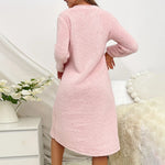 Super-Soft Flannel Nightgown Pink Heart Embroidery Long-Sleeve Round Neck Dress Comfortable Fit Warm Women's Homewear Loungewear