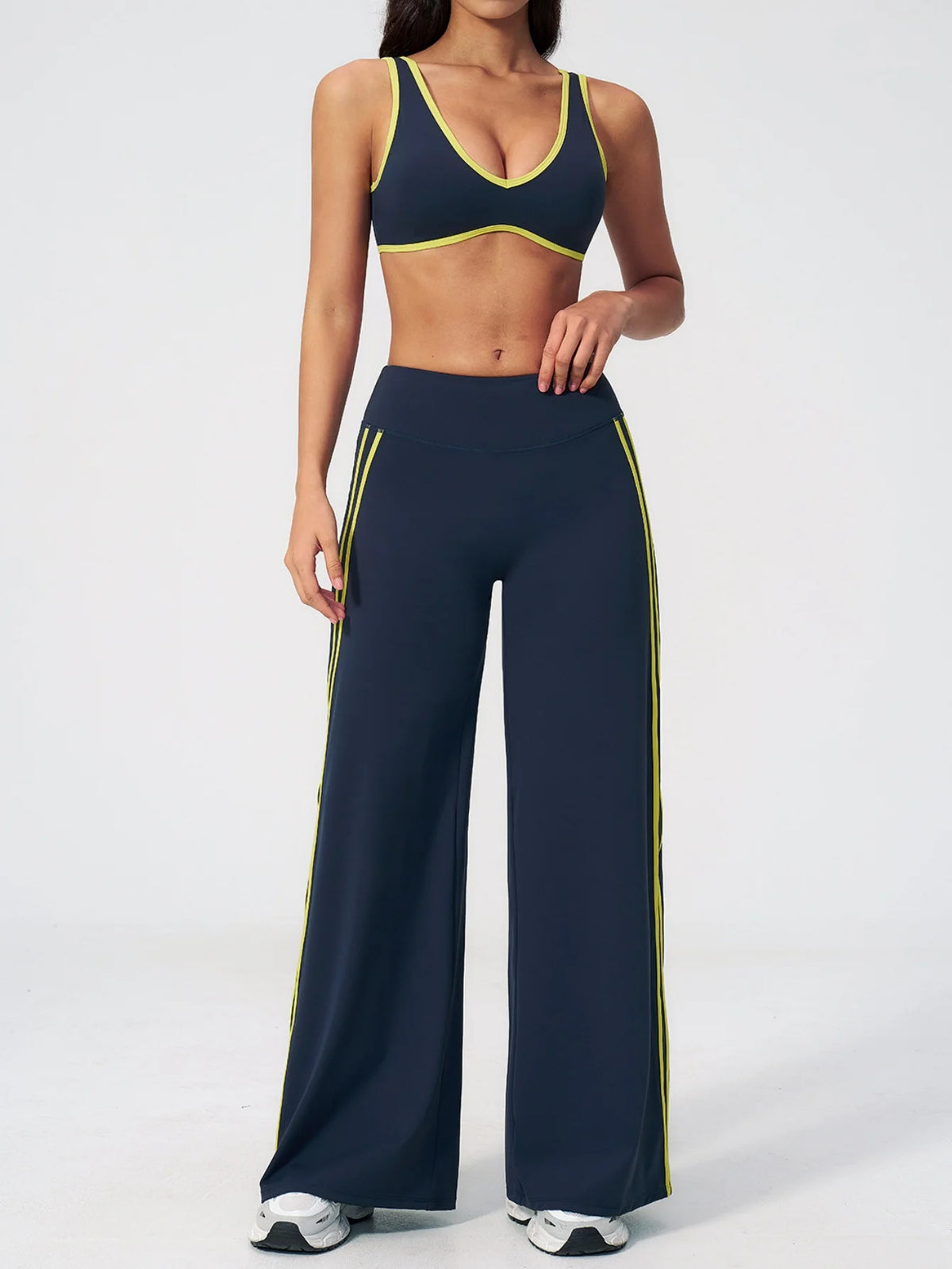 Women's Tracksuit Color Blocked Yoga Sets V Neck Sports Bra High Waist Flare Pants Fitness Suit Outdoor Running Workout Clothes
