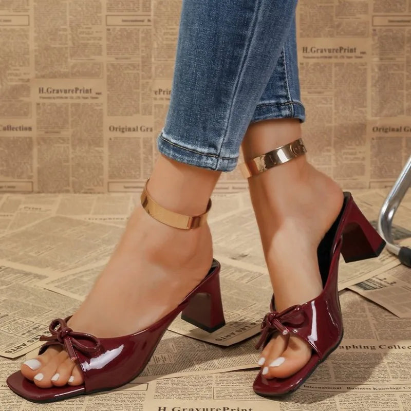 Sexy high heels slippers 2026 summer new luxury brand square heel sandals women's bow slim slippers women's shoes large size