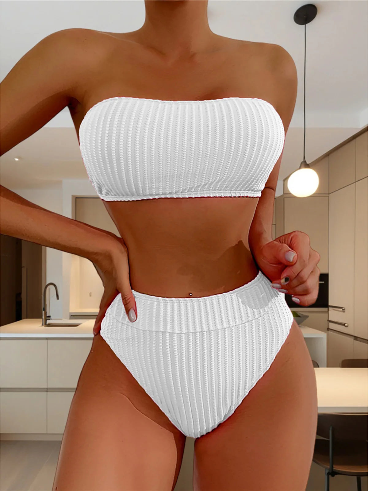 S - XL Bandeau Wrinkled Female Swimsuit High Waist Bikini Women Swimwear Two-Pieces Bikini Set Bather Bathing Suit Swim V5904