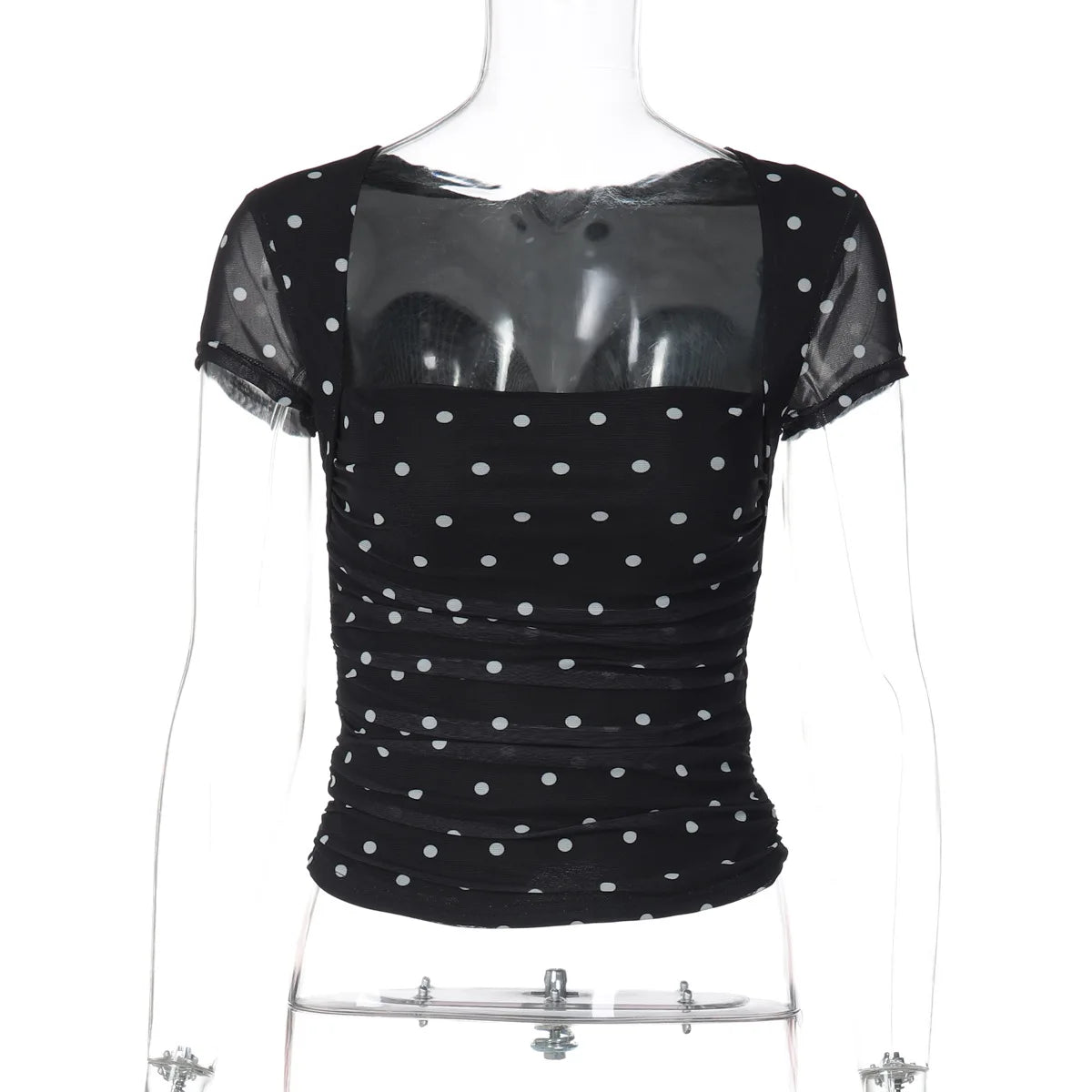 FDYOUI Chic Square Collar Black T-shirts Women's Summer Short Sleeve Polka Dot T Shirt 2026 Girls Clothes Slim Ruched Crop Top
