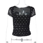 FDYOUI Chic Square Collar Black T-shirts Women's Summer Short Sleeve Polka Dot T Shirt 2026 Girls Clothes Slim Ruched Crop Top