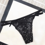 Sexy Women's Thong Erotic Cross Hollow T Pants Starry Sky Shiny Sequins Black Mesh Transparent Bow Perspective Briefs Lingerie