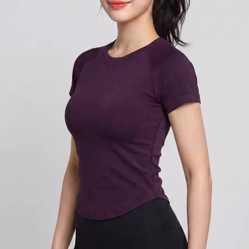 Women's Quick-Drying Short-Sleeved Yoga Sports T-Shirt Summer Outdoor Fitness Running Gym Training Wear Comfortable Breathable G