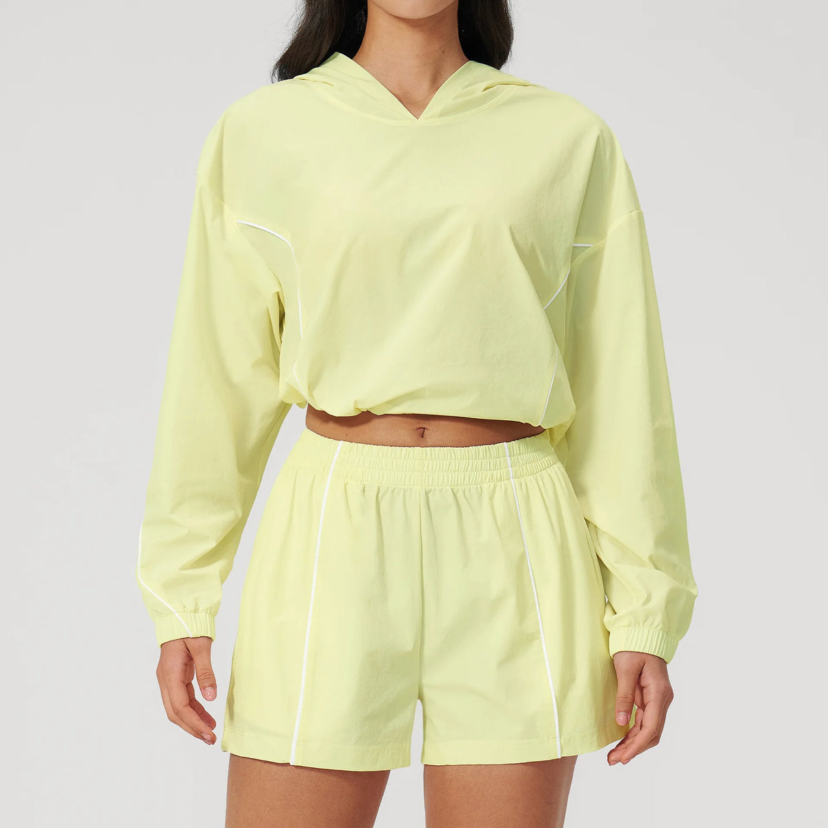 Summer Sun Protection Yoga Suit Women Contrasting Colors Long Sleeve Hoodies Top High Waist Shorts Running Fitness Athletic Wear