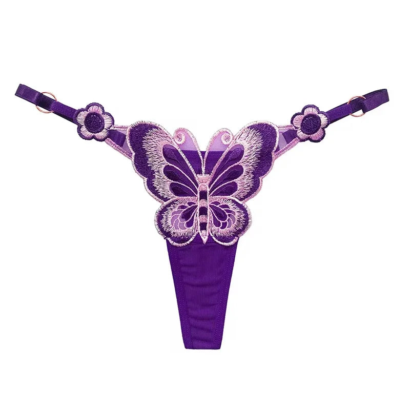 Women Butterfly Embroidery Thong Panties Sexy Lace G String Adjustable Strap Low Rise Underwear Soft Breathable Lingerie