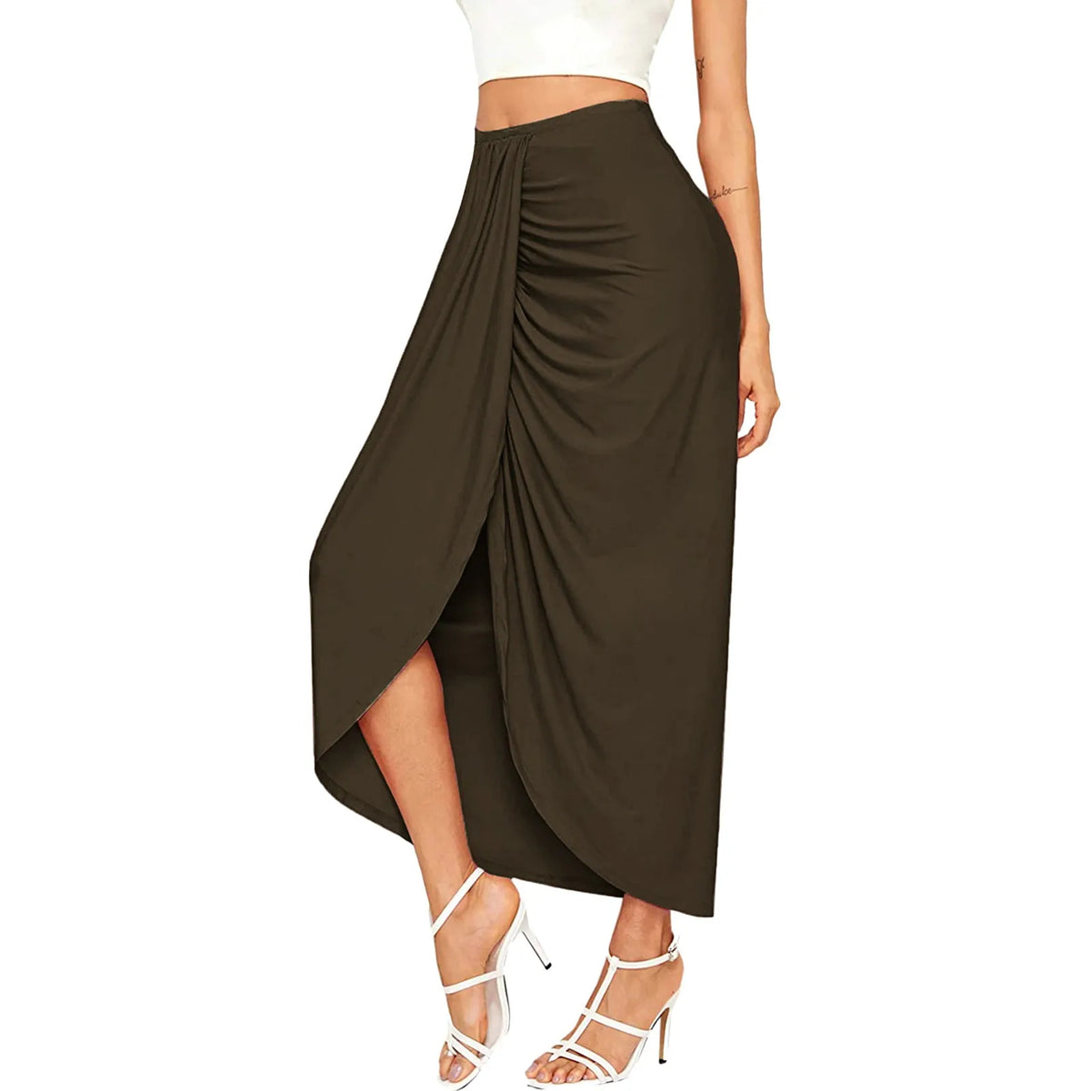 Women's High Waisted Ruched Maxi Skirt Pleated Solid Asymmetrical Split Hem Long Skirt Casual Draped Wrap Bodycon Summer Skirts