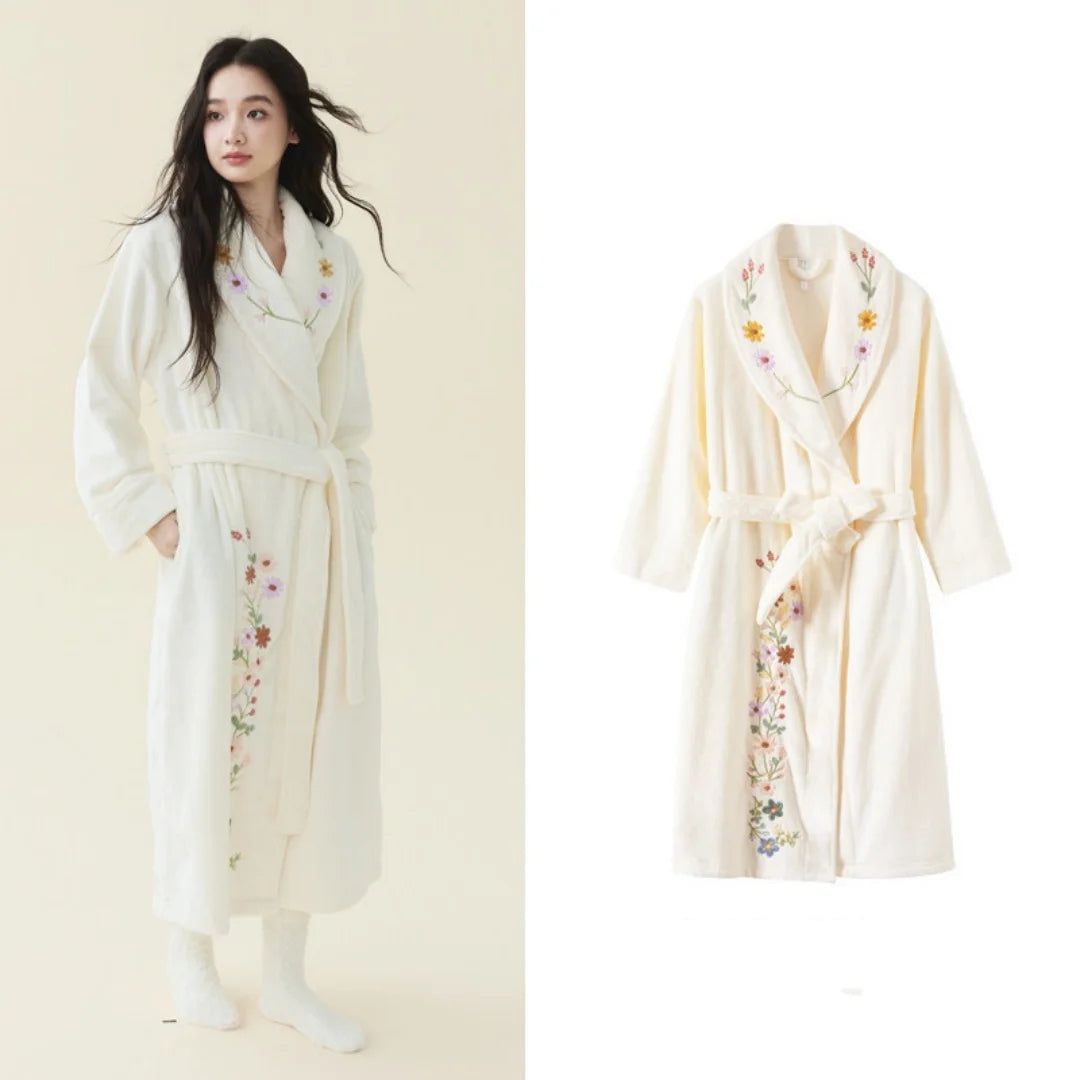 Thick Extra Long Embroidered Coral Fleece Bathrobe Elegant Ladies Winter Bridal Home Sleepwear Dressing Gown