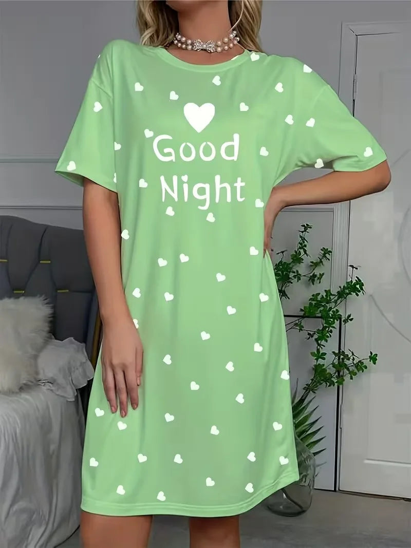 Women's Nightgown Casual Print Nightshirt Polka Dot Short Round-Neck Sleeve Loose Sleepwear Nightdress Summer Pajama