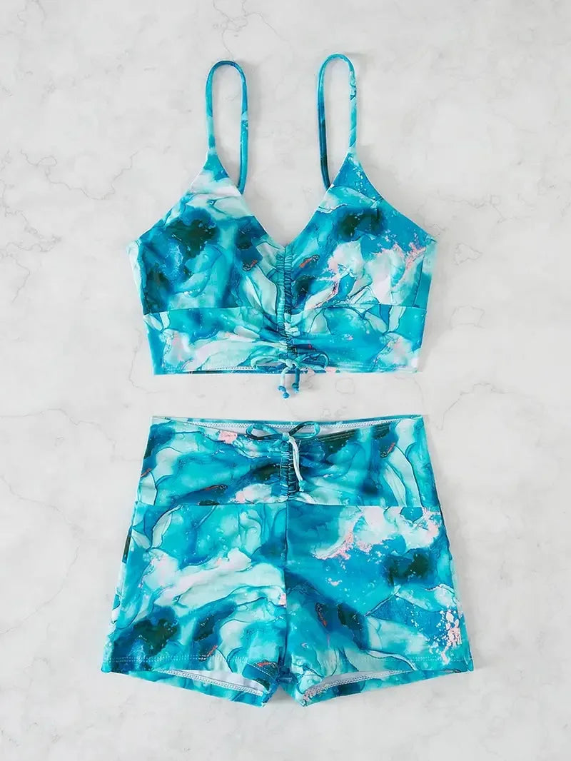 2024 Separate Swimsuit Tie Dye Print Bikini Bathing Suit Women Tankini Set Drawstring Two-Piece Suits Shorts Swimwear Female