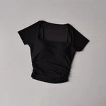 Women's yoga fitness short sleeved T-shirt, fixed chest cushion mesh fake two-piece yoga training fitness top