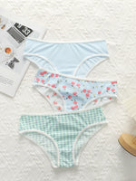 3Pcs Women Ribbed Briefs Cute Peach Plaid Print Panties Contrast White Trim Stretchy Soft Breathable Daily Underwear Set C898