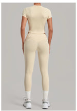 Women Tracksuit Yoga Sets Short Sleeve Slim Sports T Shirts Workout Clothes Outdoor Tight High Waist Pocket Pants Fitness Suits