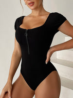 2026 Short Sleeve Swimsuit Women One Piece Solid Swimwear Female Zipper Bathers Bathing Swimming Suit Summer Beachwear Bodysuit