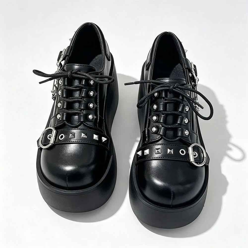 New Arrival Gothic Black Rivets Platform Creepers Shoes White Chain Decor Goth Creepers Chunky Lace Up Lolita Casual Shoes