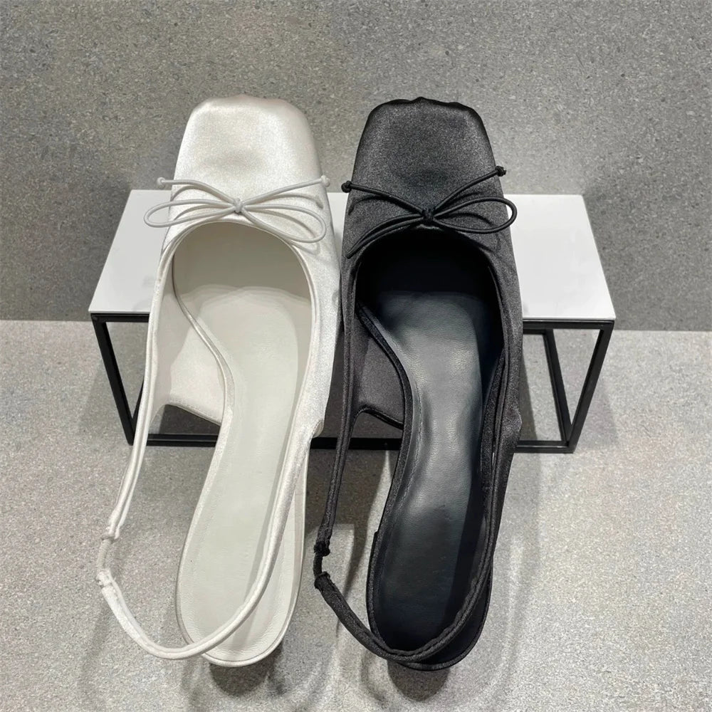 Big Size 43 Satin Mini Bow Slingback Block Heel Sandals Women Square Toe Elastic Strap Sweet Satin Mary Jane Shoes