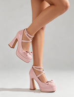 Big Size 45 Women's Sweet Pink Mary Jane 10.5cm High Heels Pumps Lolita Round Toe Bow Cross-Strap Platform Chunky Heel Shoes