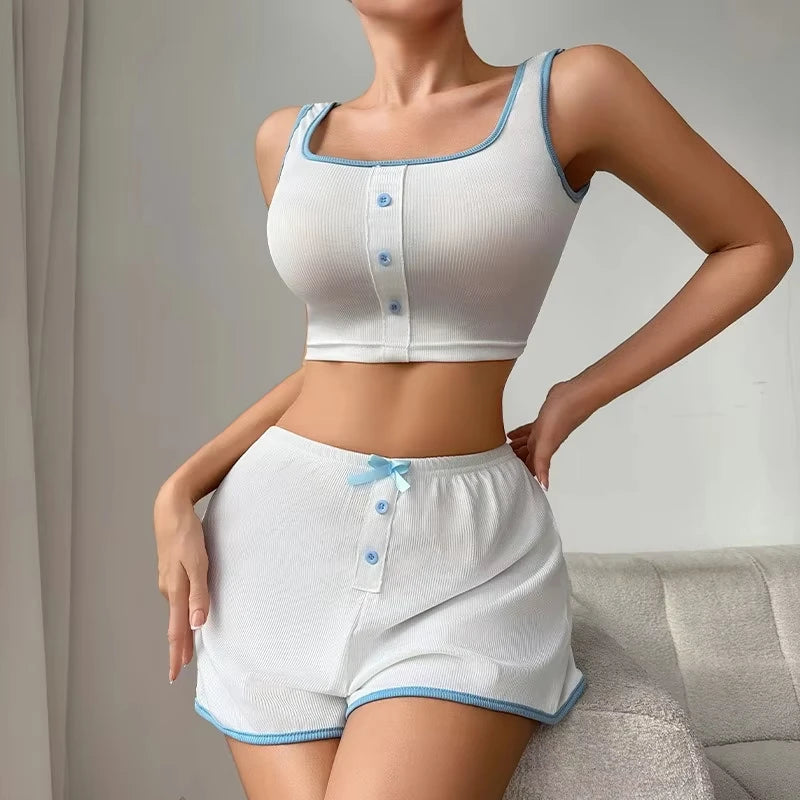 New Women's Summer Sleepwear Home Vest Bow Sweet and Simple Casual Home Wear Camisole Top Shorts Sleepwear Two-Piece Set Y2K