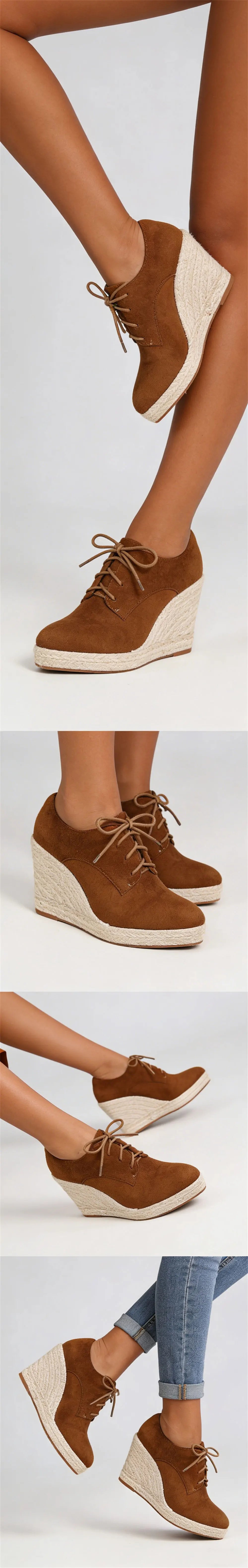 2026 Big Size 43 Vintage Brown Black Pointy Toe Lace-up High Heels Espadrilles Pumps Comfy Walk Office Lady Wedges Shoes Women