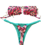 DEKA Sexy Green Floral Print Bikini Set Swimwear Women Braiding Rope Strap Patchwork Bandage Push Up Bathing Suit Thong Swimsuit