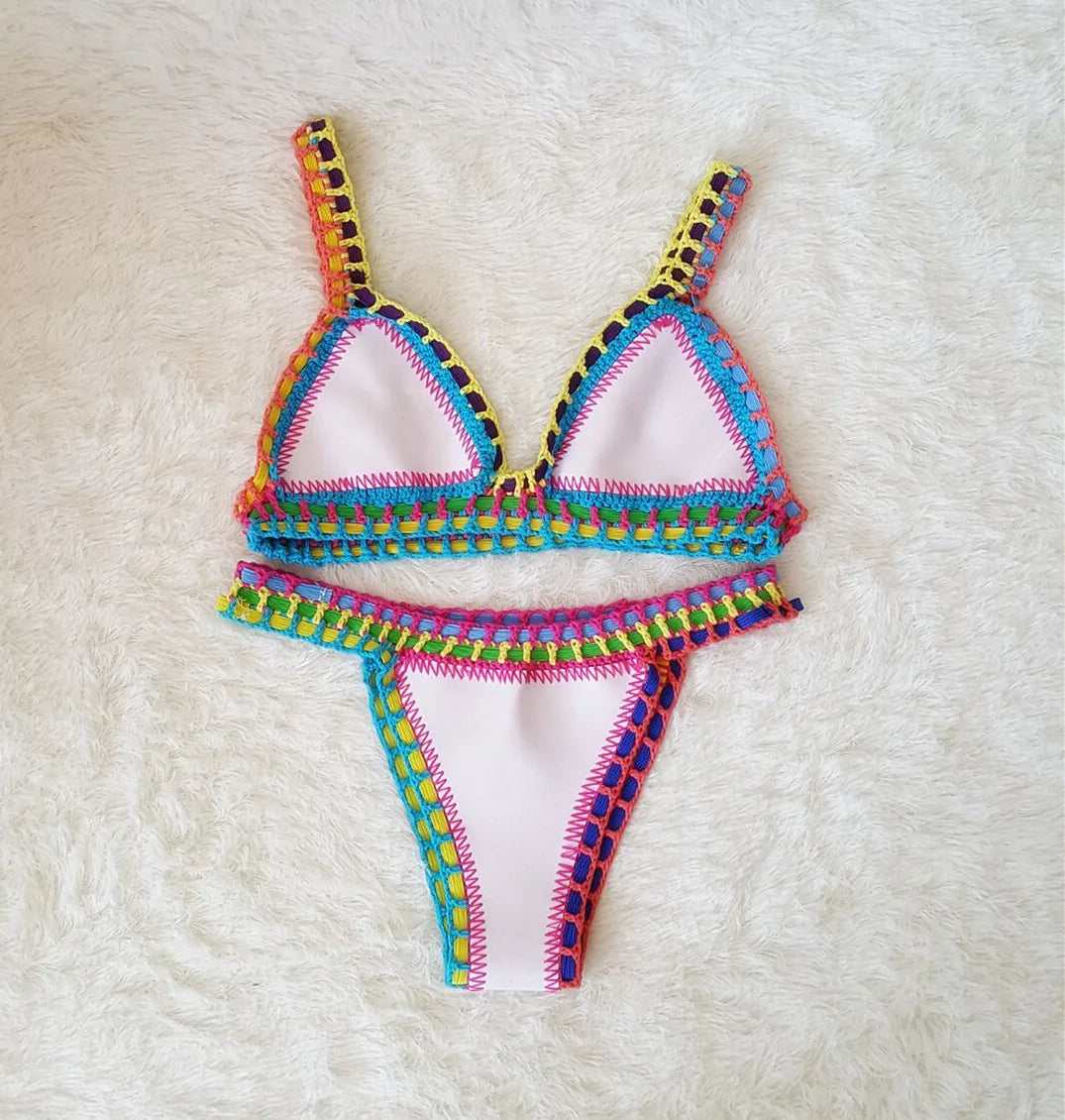 Bikini Crochet 2026 Handmade Knit Patchwork Reversible 2 Piece Swimsuit Women Halter Top Brazilian Bathing Suit Thong Swimwear