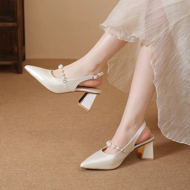 Women's Sandals Cover Toe Chunky Heel Office Lady Sandals Fashion French Butterfly Knot Beads Women Shoes