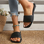 Classic Plus Size Woven Slippers for Women Summer Square Toe Low Heel Slides Sandals Woman Outdoor Pu Leather Beach Flip Flops