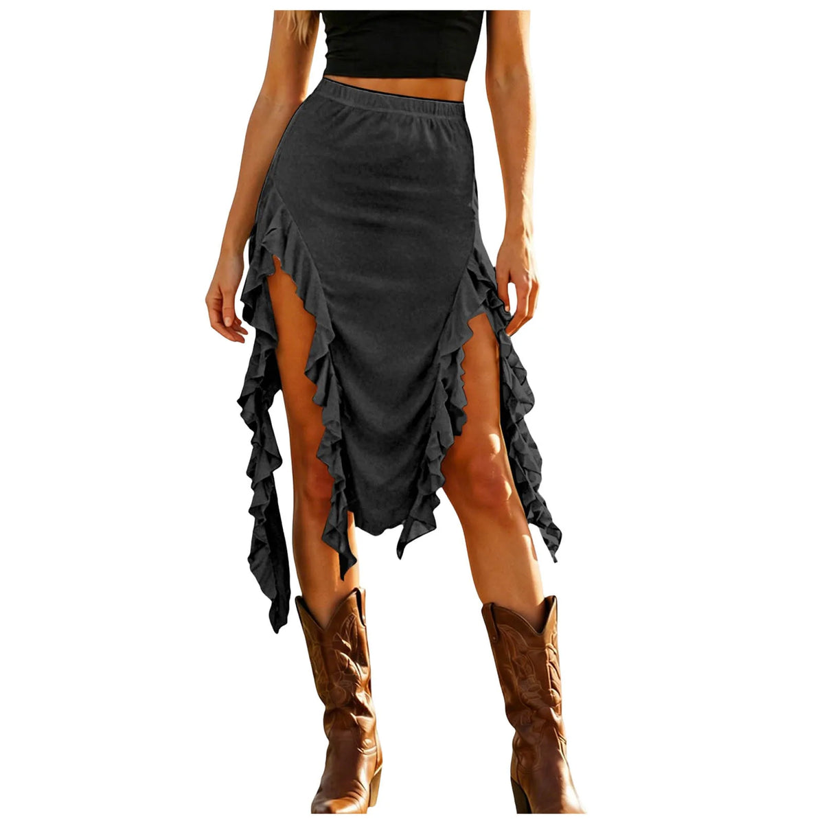 Women Western Boho Midi Skirt High Waist Ruffled Asymmetrical Hem Slit Flowy Summer Skirts Casual Cowgirl Style Streetwear Y2k