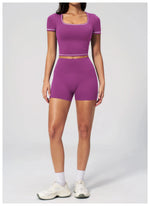 Speed Drying Tight Yoga Sets Women Color Contrast Short Sleeve Slim Sports Top High Waist Leggings Running Fitness Athletic Wear