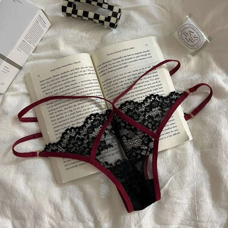 French Lace G Strings Low Waist Seamless Panties with Sheer Mesh Panels for A Sensual Fit
