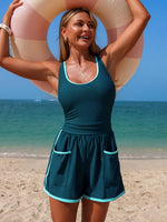 Black White Patchwork Swimwear Women 2026 Sport U Neck Pleate Pocket Tummy Control One Piece Swimsuit Beach Holiday Bathing Suit