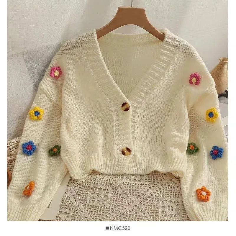 New Autumn Colourful Applique Flower Cardigan for Women Cute LongV-neck Knit Crop Sweater Girl Soft Knitwear